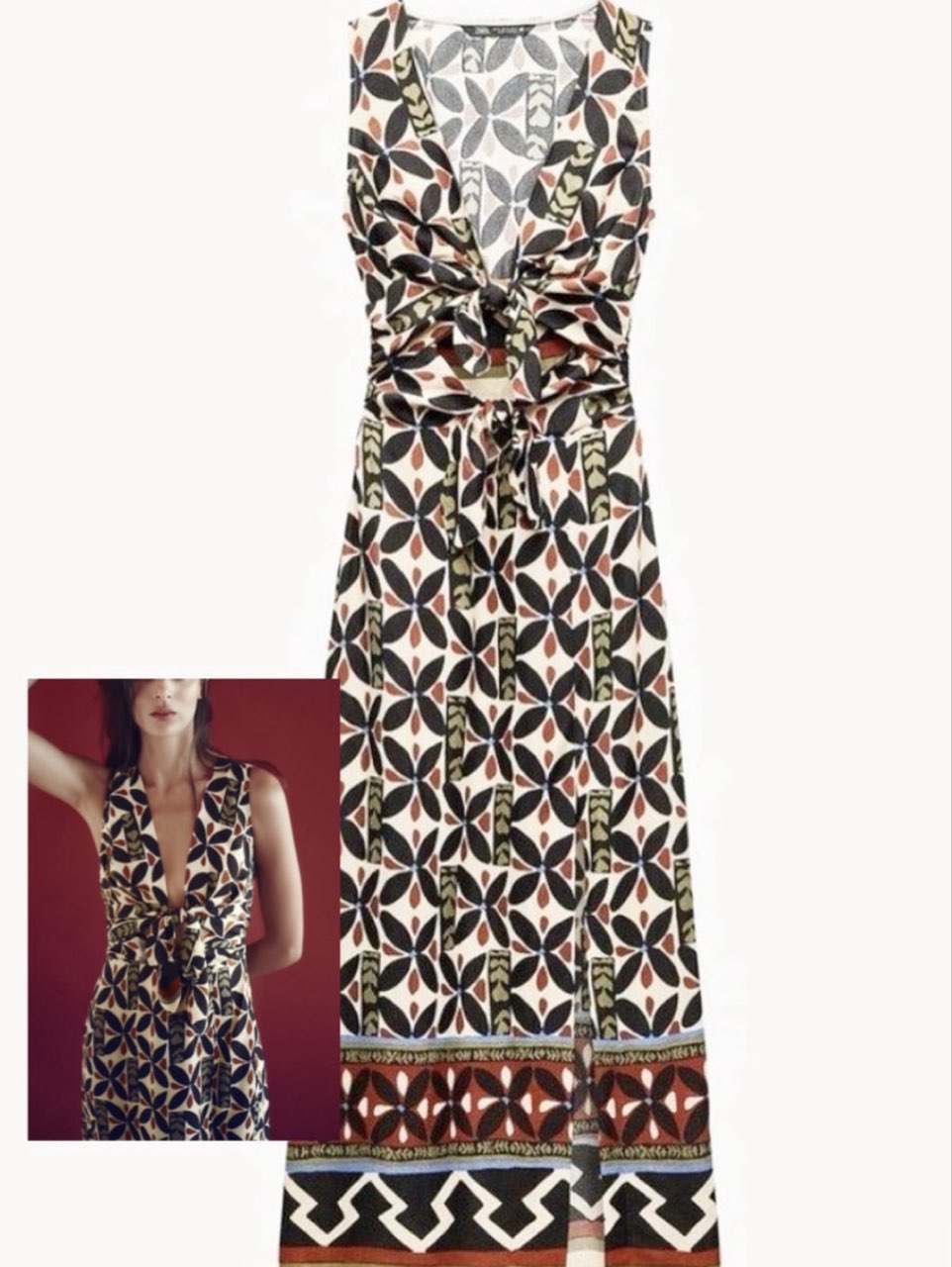 Geometric Print Tie-Front Maxi Dress