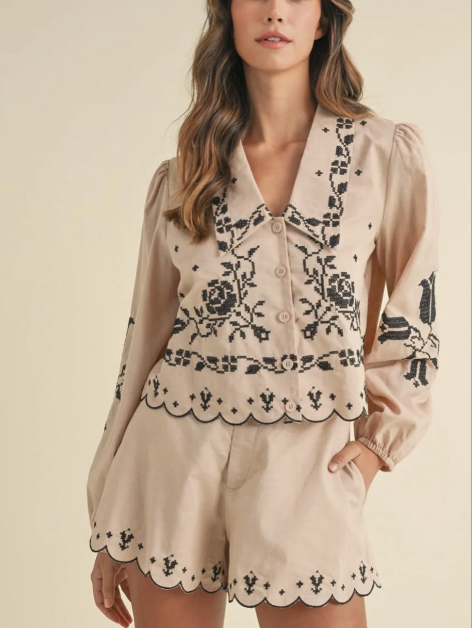 Scalloped Embroidered Top and Shorts Set