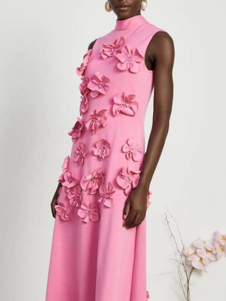 Pink 3D Floral Applique Midi Dress