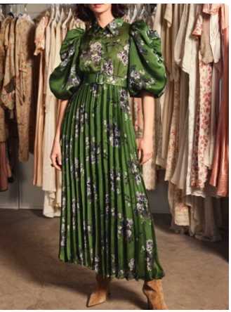 Green Floral Pleated Midi Dress
