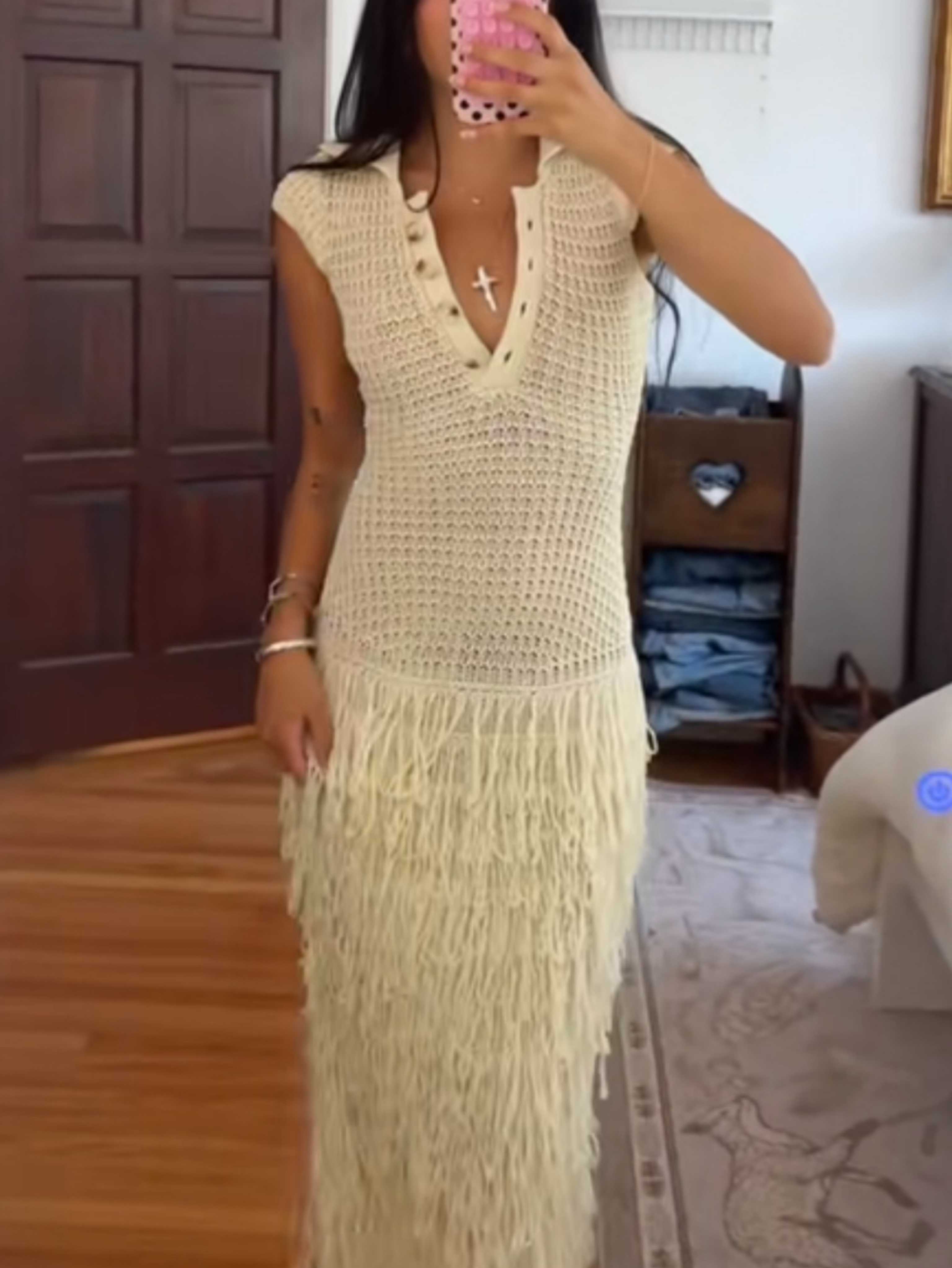 Drop Waist Beige Crochet Dress