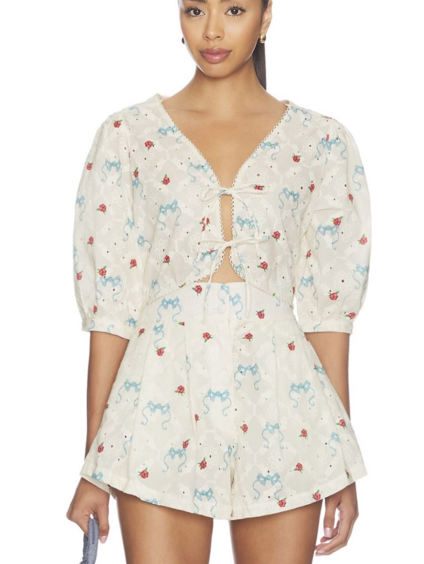 Cream Bow and Rose Print Crop Top and Shorts Set
