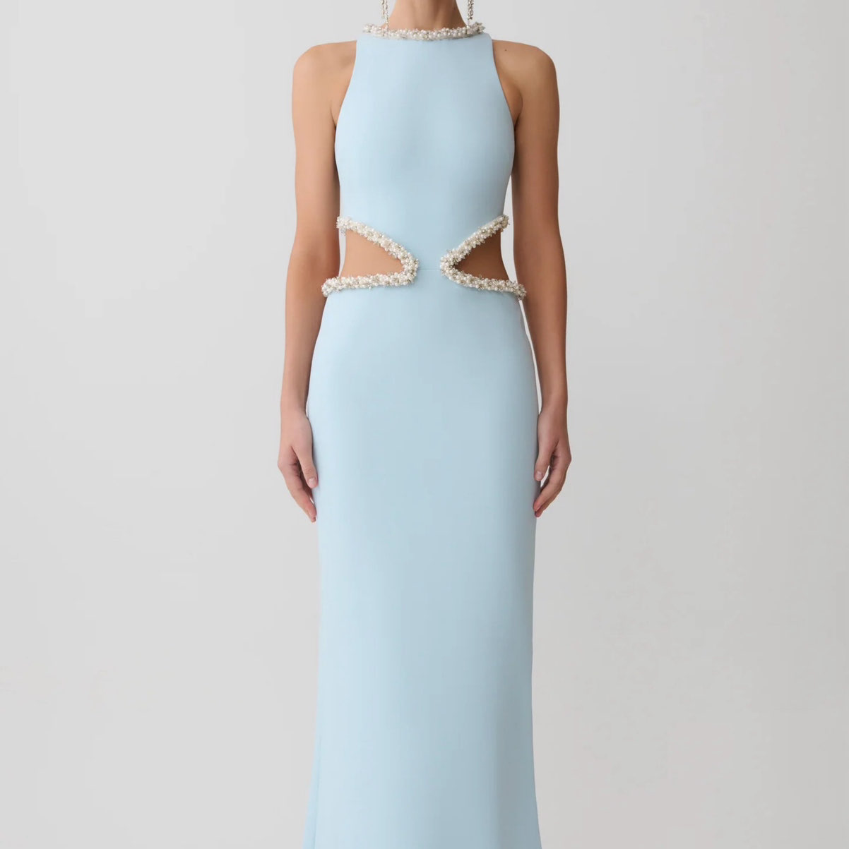 Meshki Light Blue Pearl Embellished Cut-Out Maxi Dress