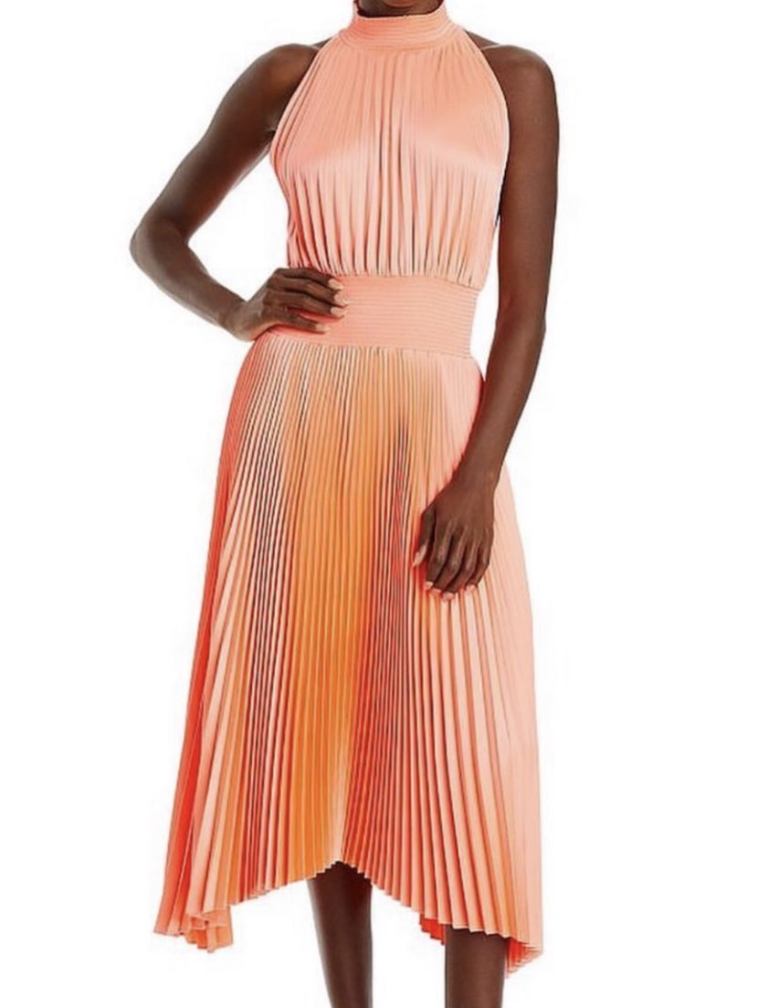 Coral Pleated Halter Midi Dress
