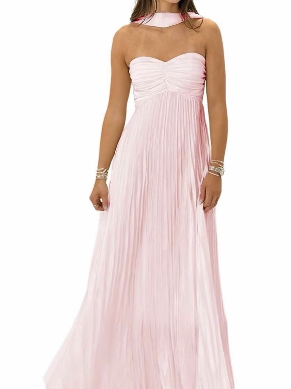 Pink Pleated Strapless Maxi Dress