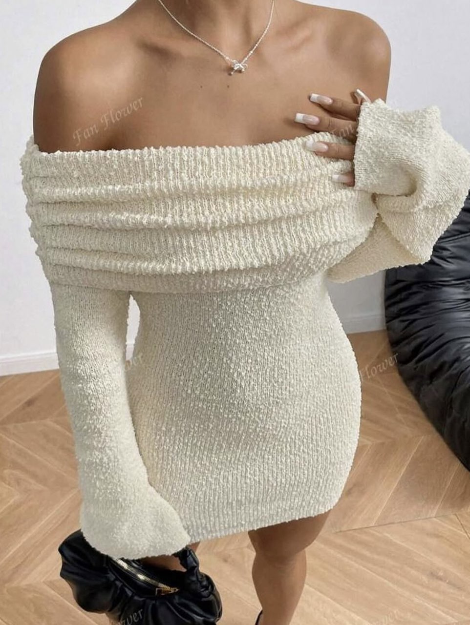 Cream Off-Shoulder Knit Bodycon Dress