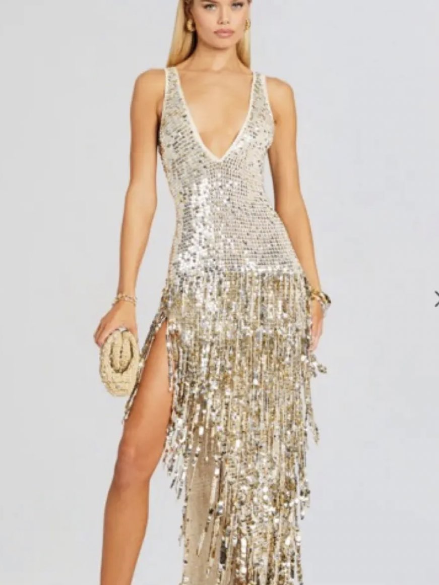 Metallic Sequin Fringe Maxi Dress