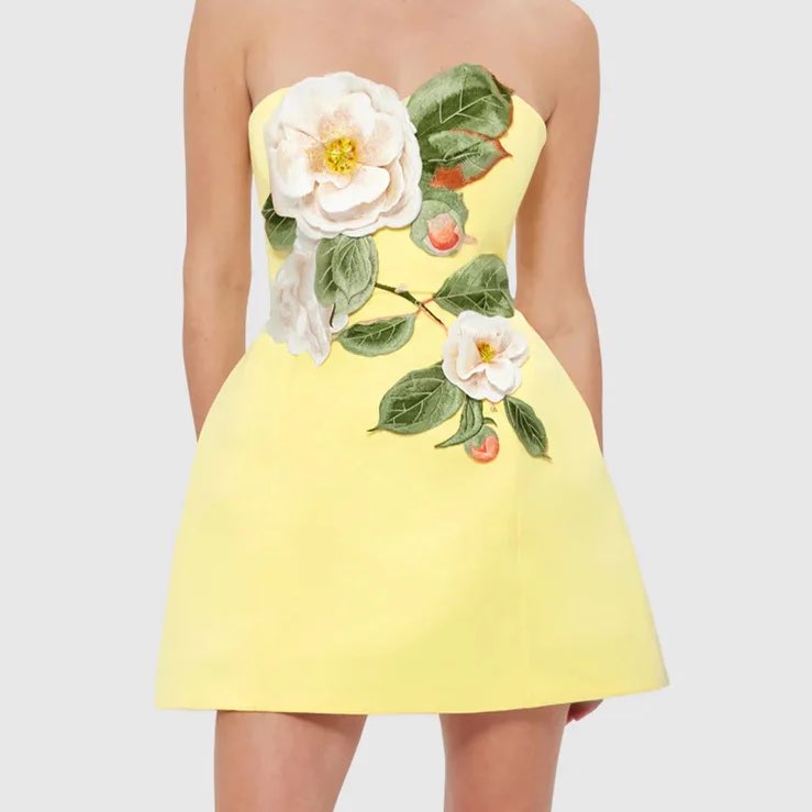 Leo Lin Yellow Floral Appliqué Mini Dress