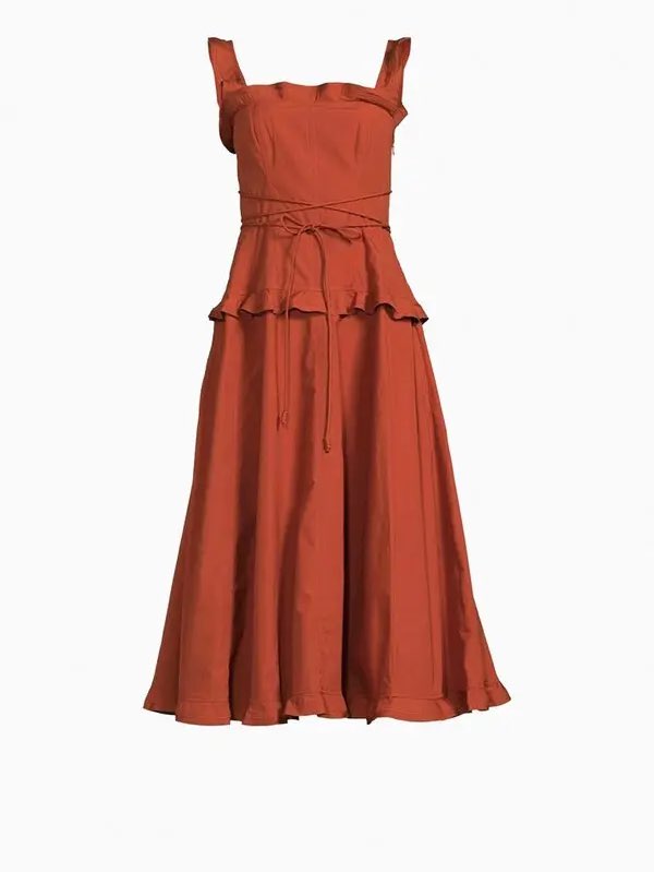 Ulla Johnson Rust Ruffle Midi Dress