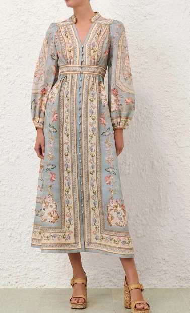Ornate Floral Button-Front Midi Dress