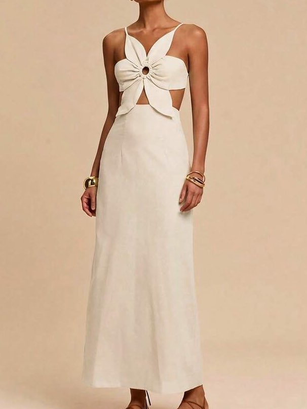 White Flower Cut out Midi Dress