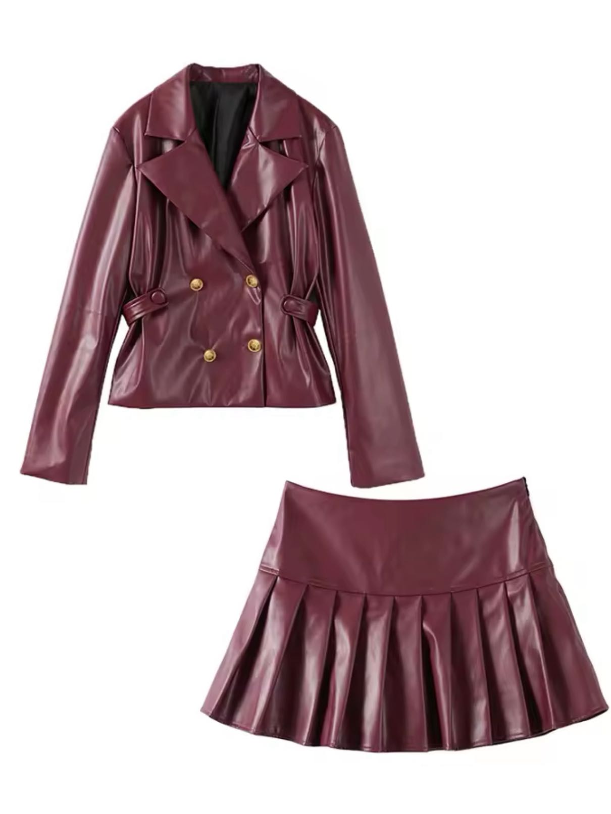 Burgundy leather blazer skirt set