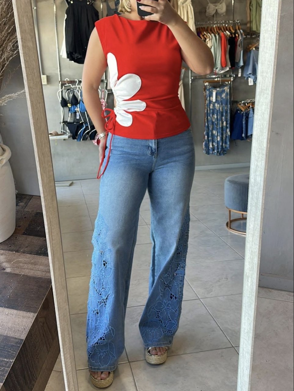 Red Floral Cutout Drawstring Top