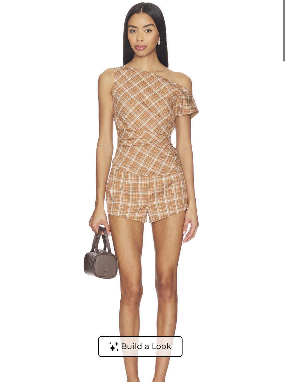 Tan Plaid Asymmetrical Top and Shorts Set