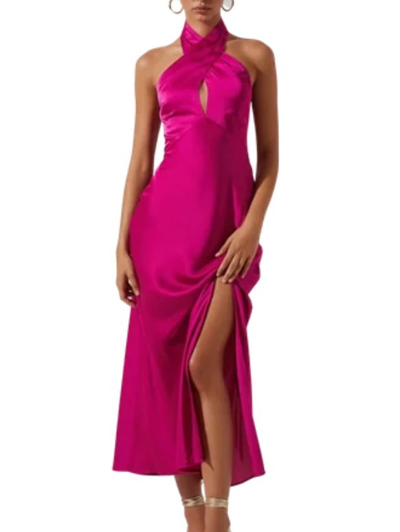 Fuchsia Satin Halter Midi Dress