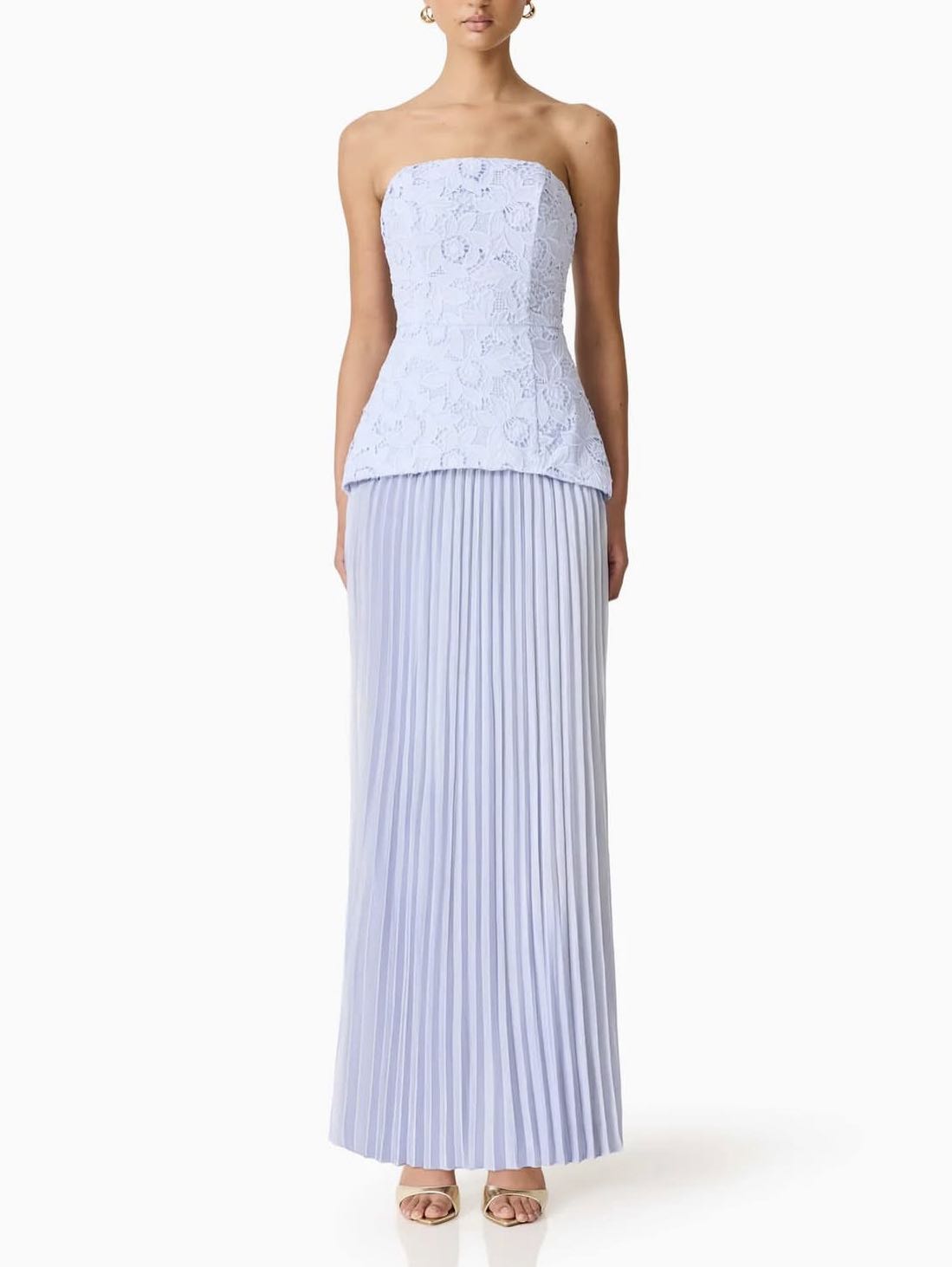 Strapless Lace and Pleated Maxi Dress