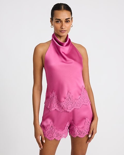 Pink Satin Halter Top and Lace Shorts Set
