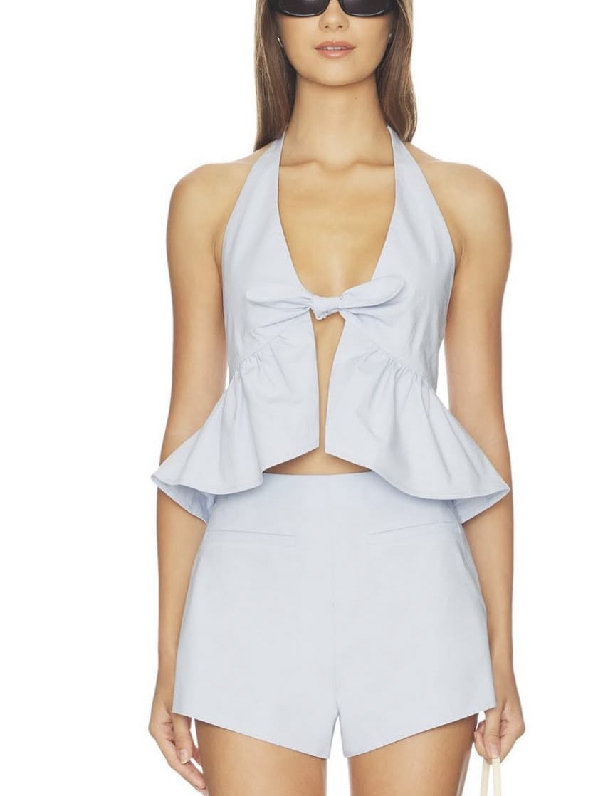 Light Blue Halter Peplum Top with Bow Detail