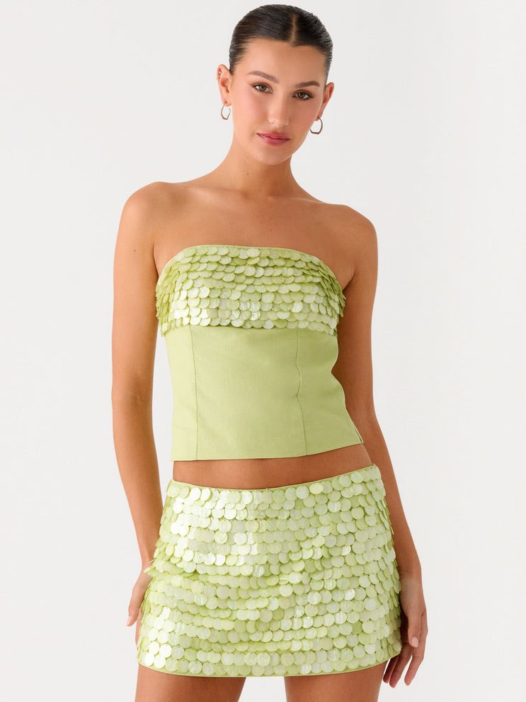 Peppermayo Beaded Strapless Top & Mini Skirt Set