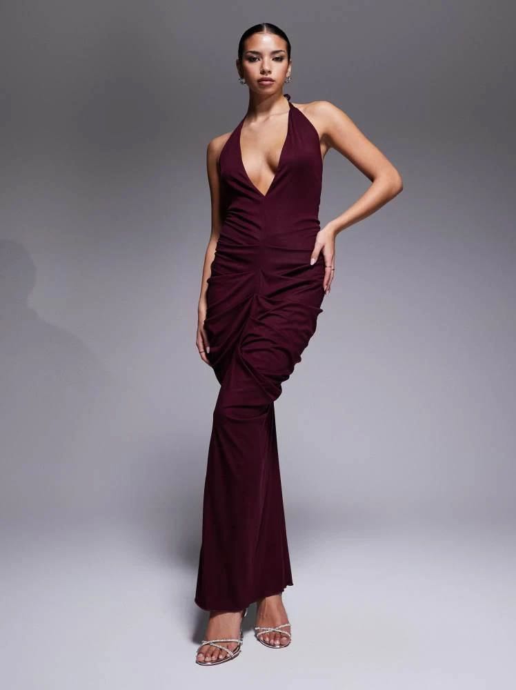 Plunge Halter Ruched Maxi Dress