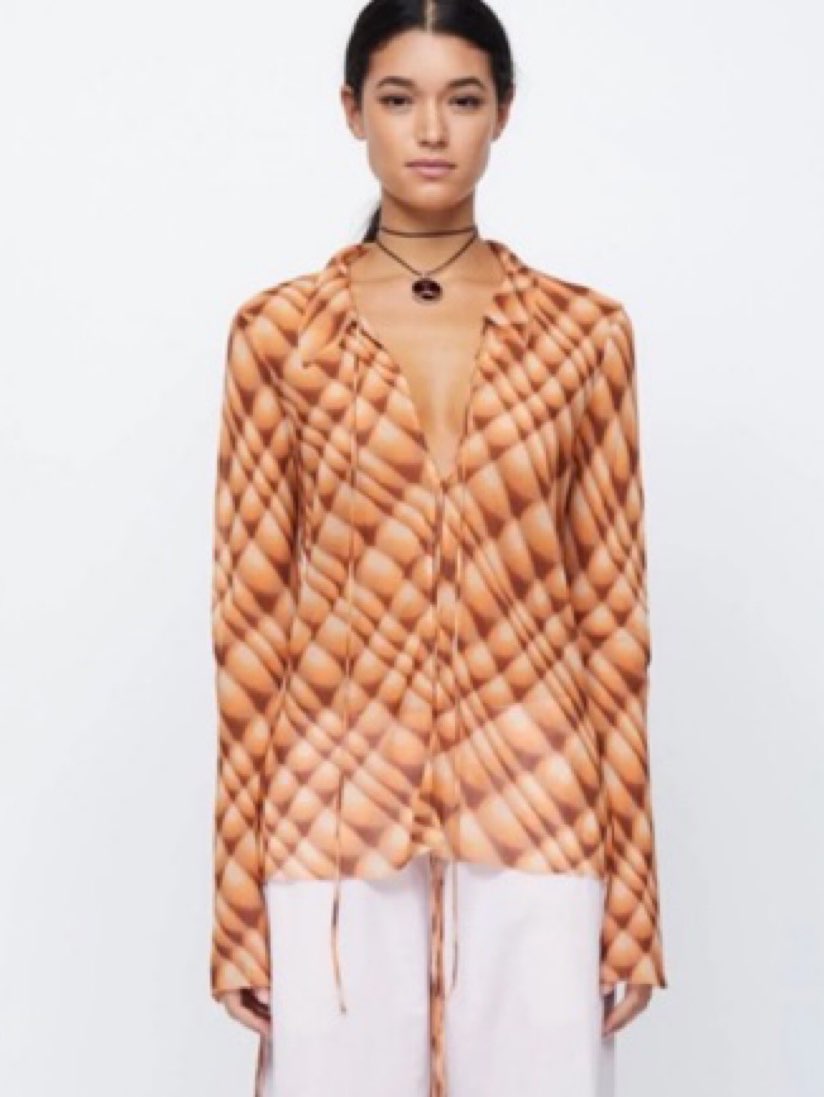Orange and Brown Geometric Tie-Front Top