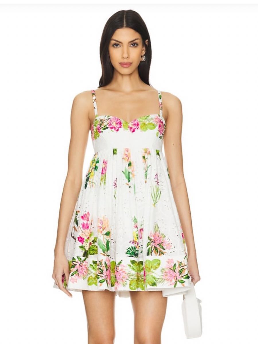Short Dress With Quilted Yoke in White Floral