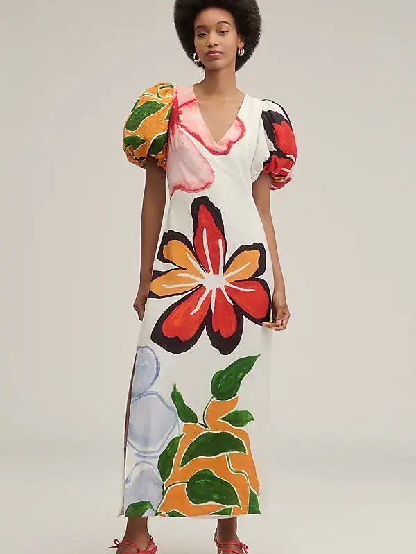 Farm Rio Multi-Color Floral Puff Sleeve Maxi Dress