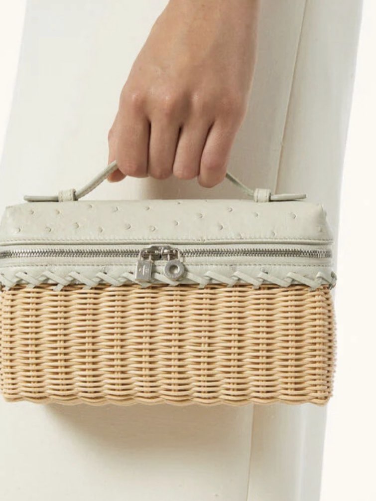 Two-Tone Wicker & Faux Ostrich Top Handle Bag