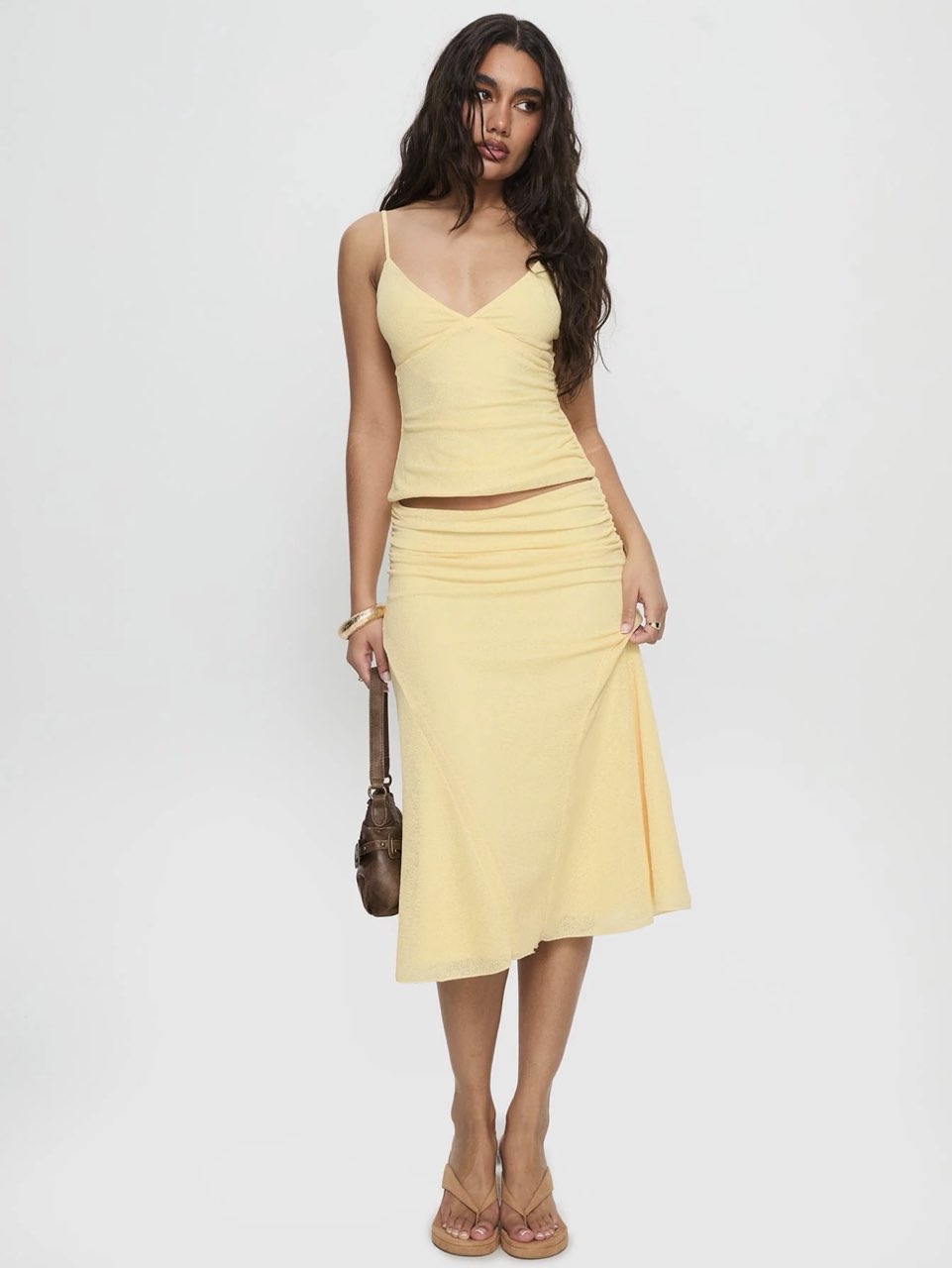 Light Yellow Cami Top & Ruched Midi Skirt Set