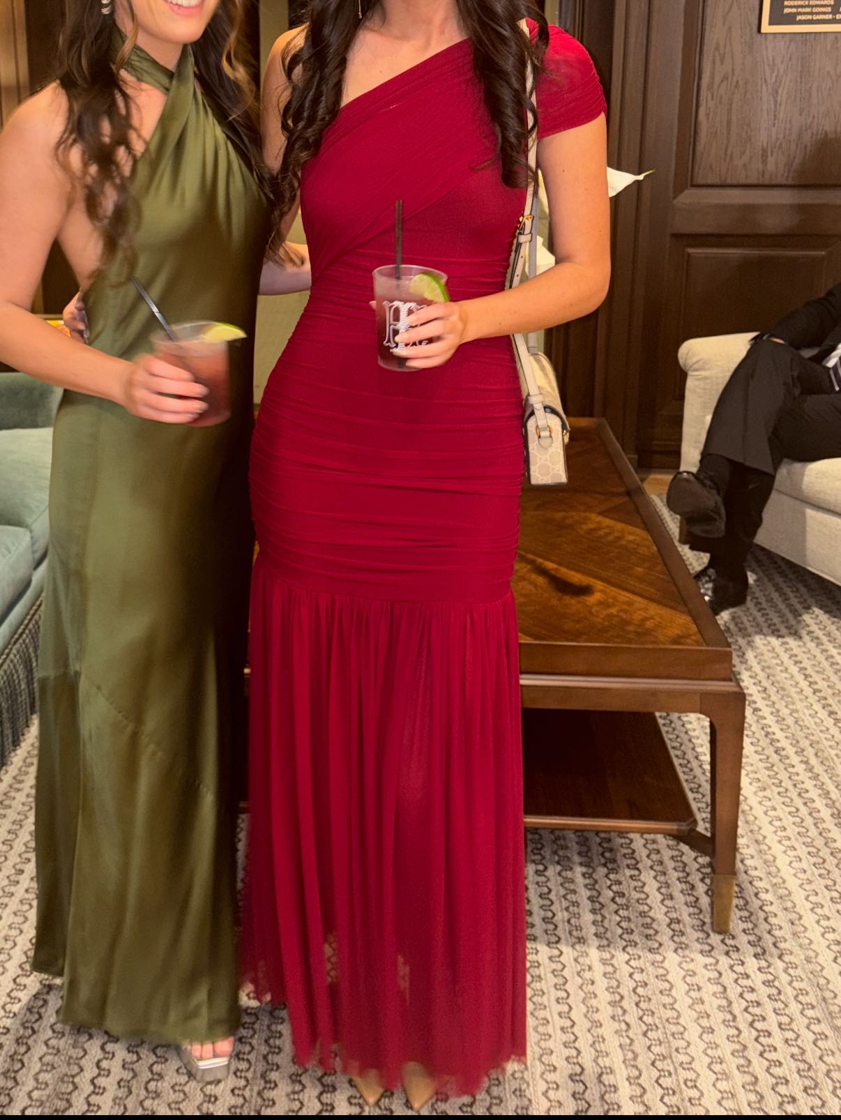 Red Ruched One-Shoulder Maxi Dress