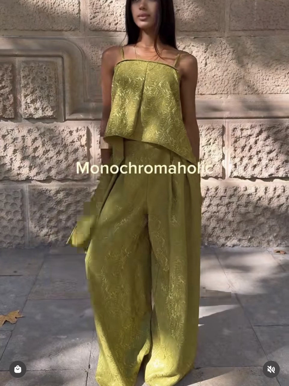 Chartreuse Textured Cami Top & Wide-Leg Pants Set