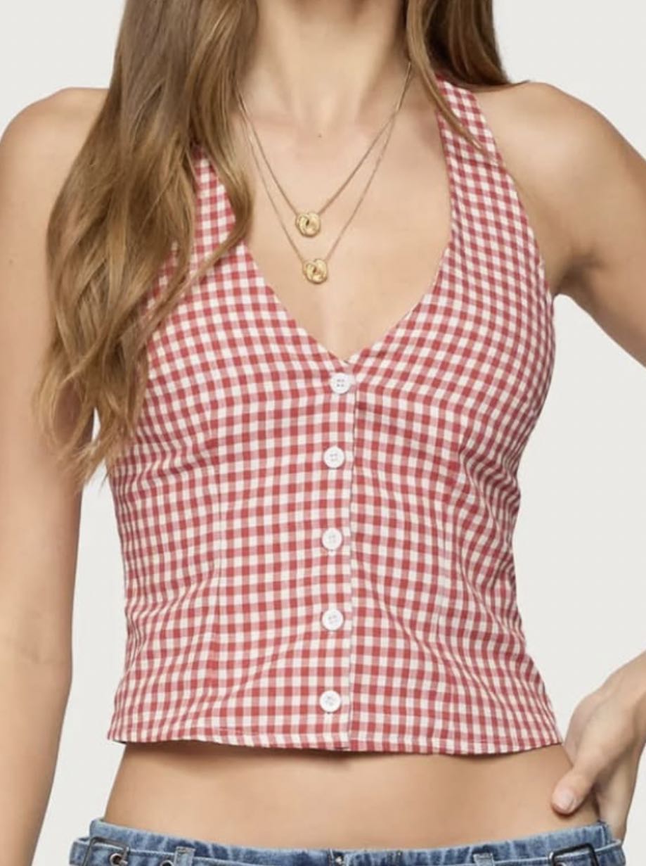 Red Gingham Button-Up Halter Top