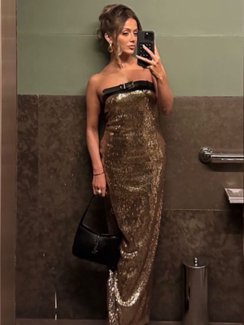 Gold Sequin Strapless Gown with Buckle Detail