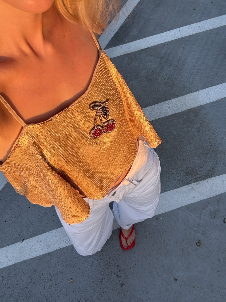 Sequin gold cherry detail cropped top