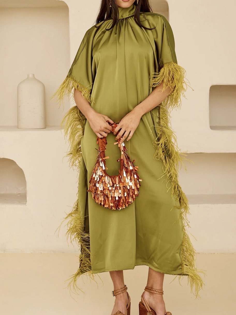 TELA mercantile silk green kaftan with feathers