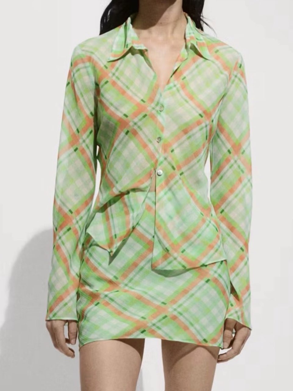 Green and Orange Plaid Shirt and Mini Skirt Set