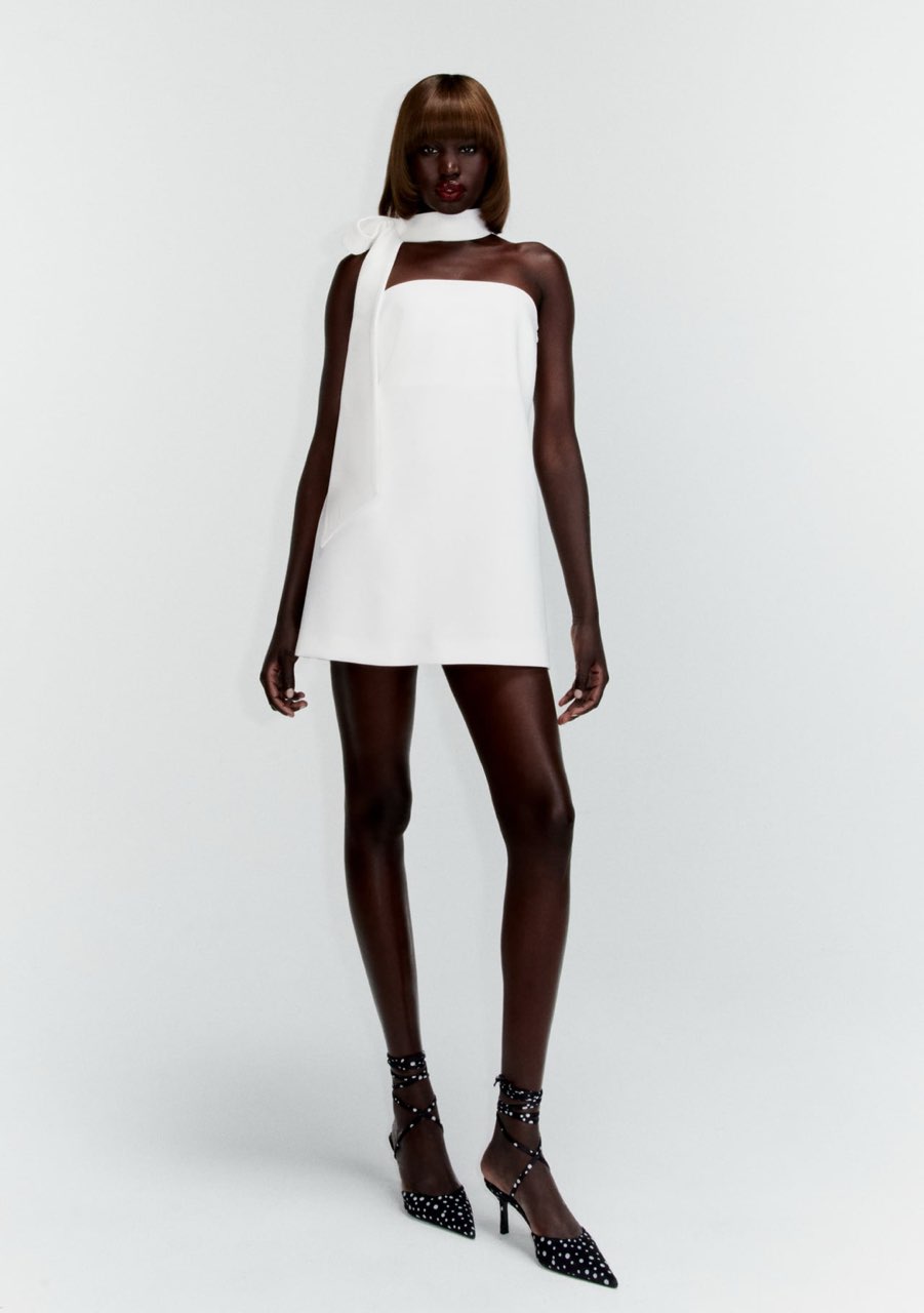 White Strapless Choker Mini Dress with Neck Tie