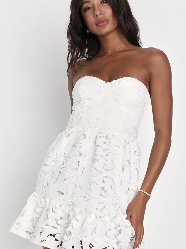 White Crochet Lace Strapless Bustier Mini Dress
