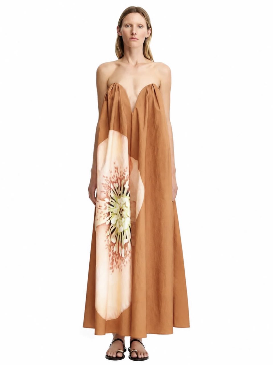 Brown Floral Strapless Maxi Dress