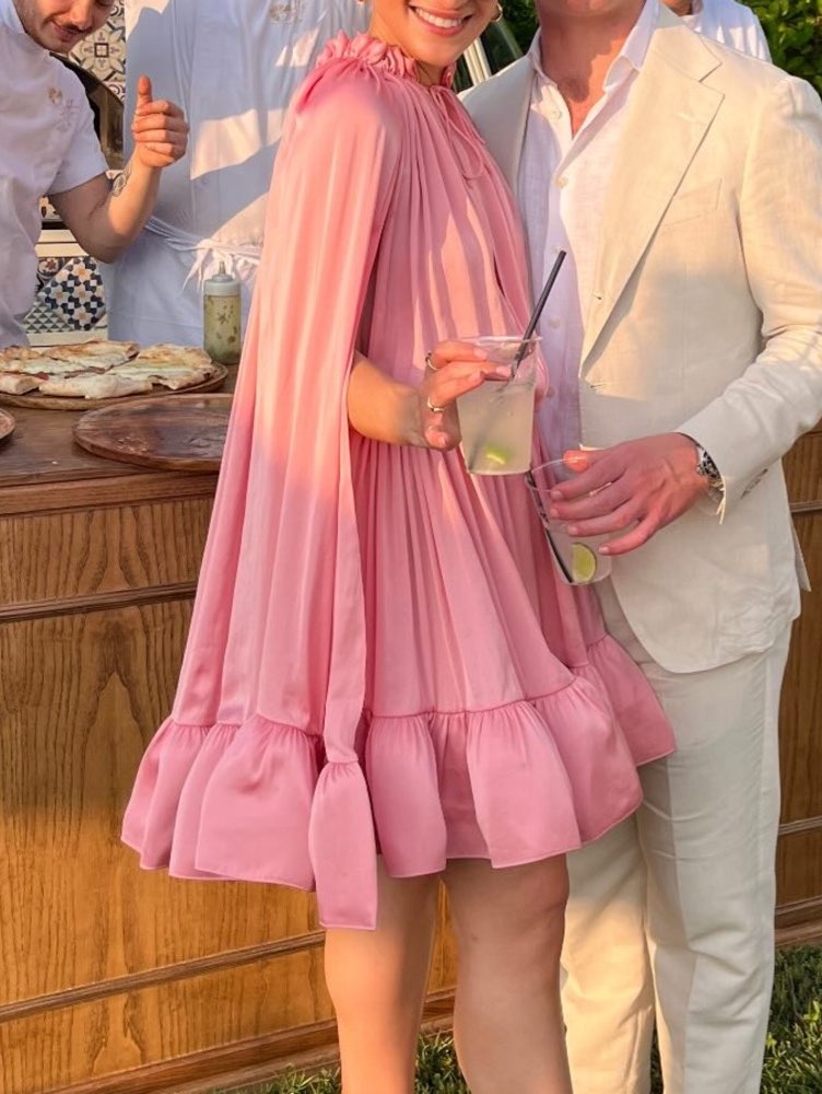 Pink Cape-Sleeve Ruffled Mini Dress