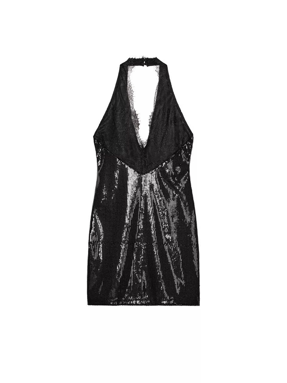 Black Sequin Halter Mini Dress with Lace Trim
