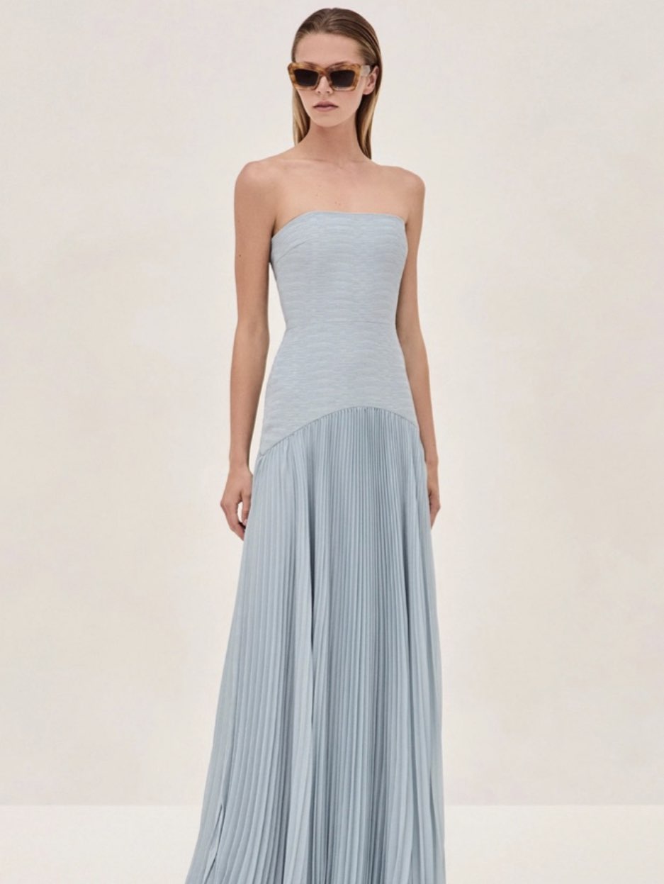 Light Blue Strapless Pleated Maxi Dress