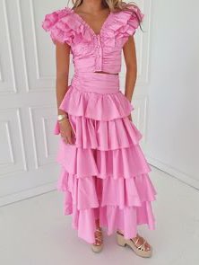 Pink Ruffled Crop Top and Tiered Maxi Skirt Set
