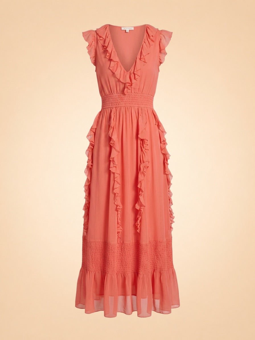 Coral Ruffled V-Neck Midi Dress
