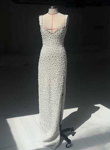 Off-White Pearl Embellished Midi Dress