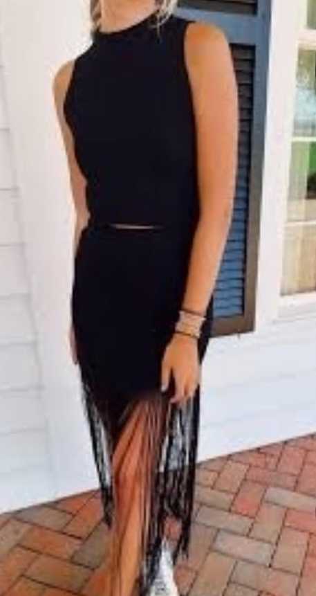 Black Mock Neck Crop Top & Fringe Midi Skirt Set