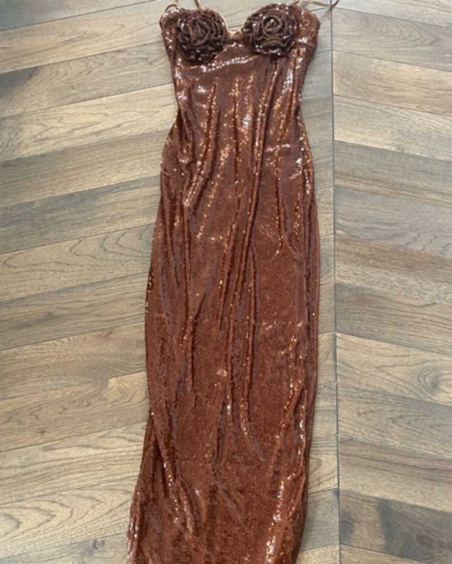 Brown Sequin Maxi Dress / Gown With Rose