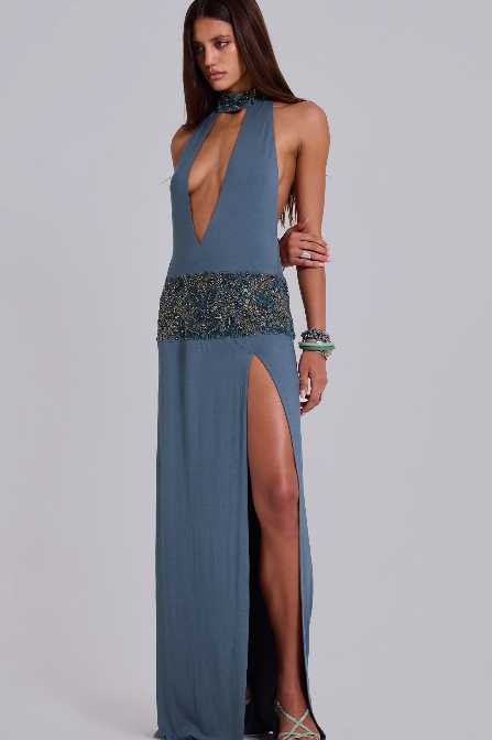 Embellished Halter Neck Maxi Dress