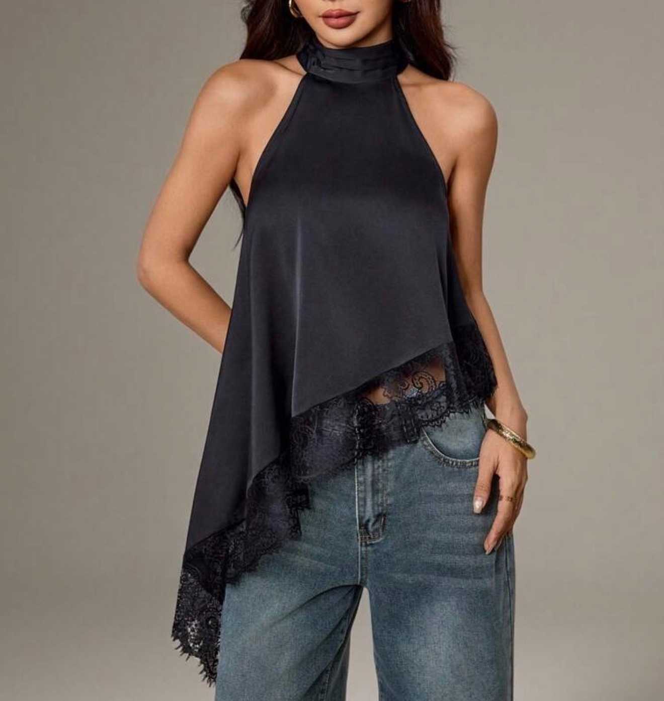 Botique Black Satin Halter Asymmetrical Top with Lace Trim