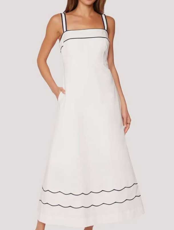 White Scalloped Midi Dress with Black Piping